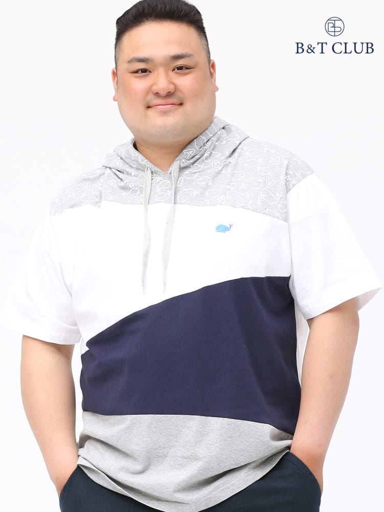 大きいサイズ メンズ B＆T CLUB (ビーアンドティークラブ) 切り替え クジラプリント プルオーバー 半袖 Tパーカー