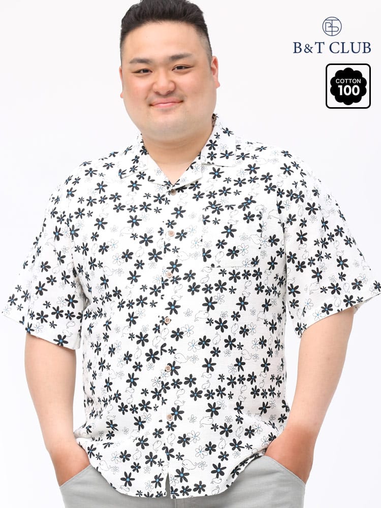 大きいサイズ メンズ B＆T CLUB (ビーアンドティークラブ) FATANIMALS パナマ クジラ×花柄 オープンカラー 半袖 シャツ