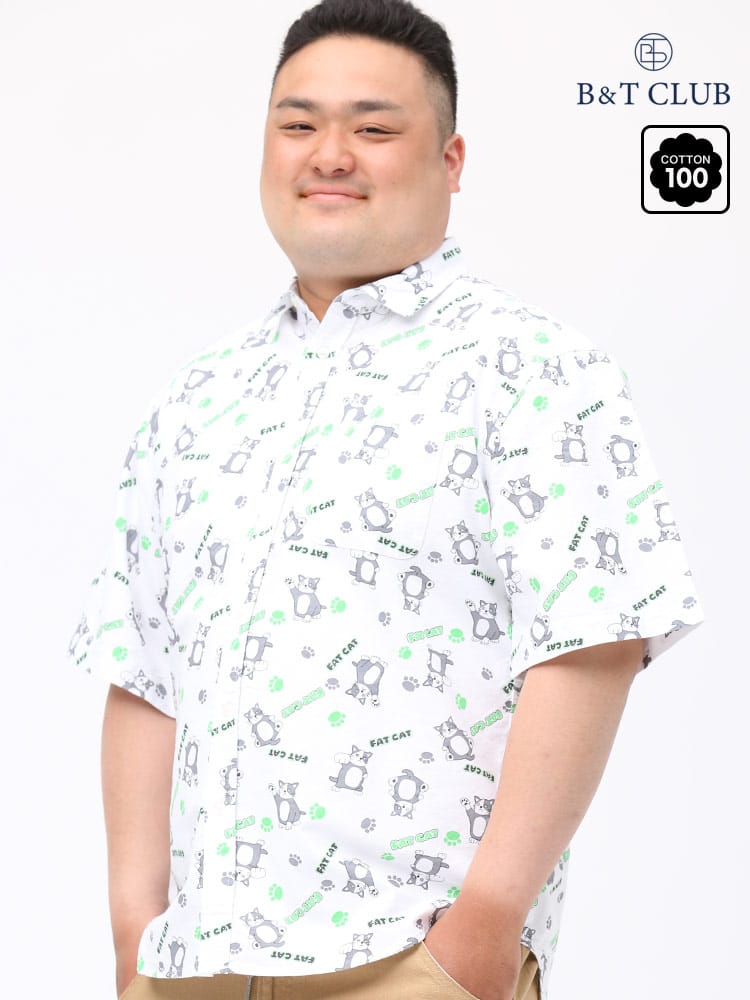 大きいサイズ メンズ B＆T CLUB (ビーアンドティークラブ) FATCAT ネコ総柄 ポケット 半袖 シャツ