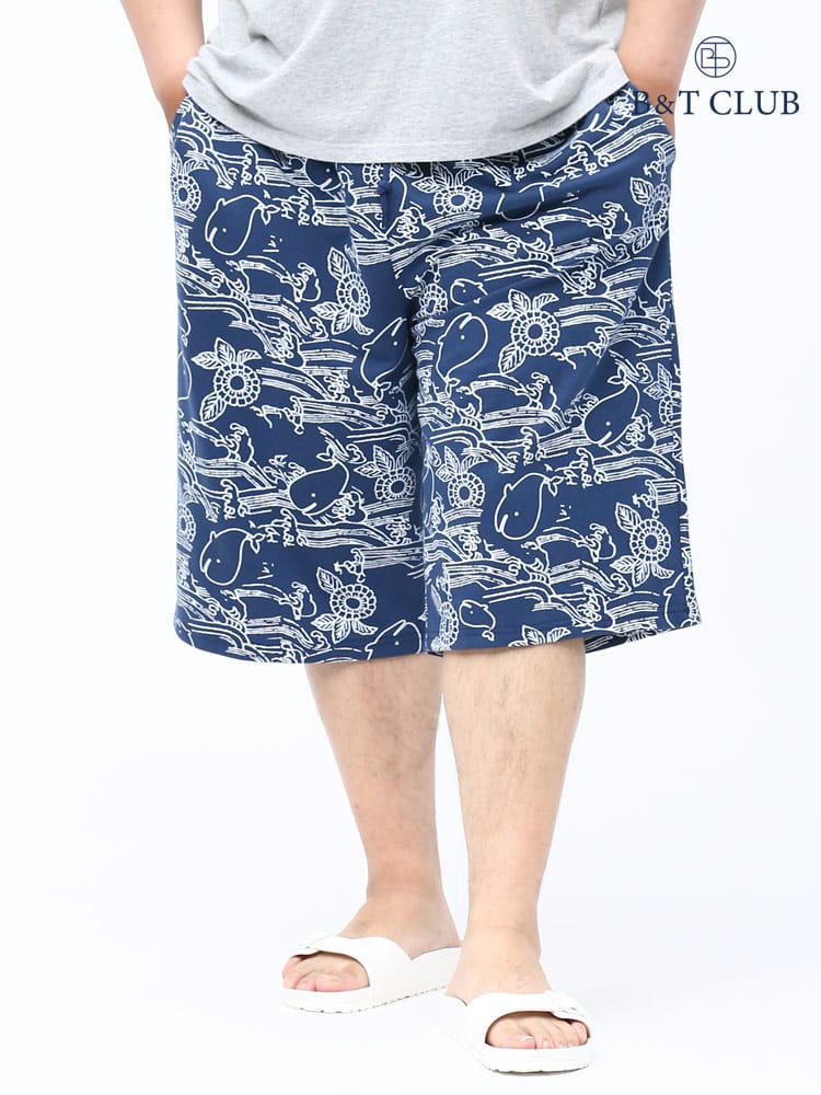 大きいサイズ メンズ B＆T CLUB (ビーアンドティークラブ) 和柄クジラ 裏毛 前閉じ ショートパンツ