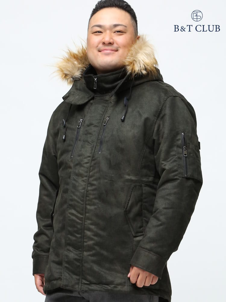 大きいサイズ メンズ B＆T CLUB (ビーアンドティークラブ) 裏ボア オーロラスエード調 ファーフード フルジップ モッズコート