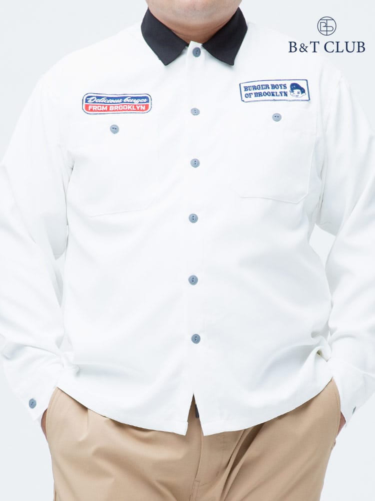 大きいサイズ メンズ B＆T CLUB (ビーアンドティークラブ) ポリツイル ワッペン ポケット 長袖 ワークシャツ