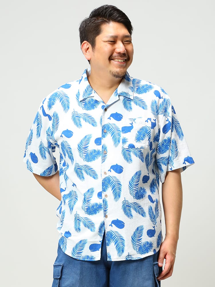 大きいサイズ メンズ B＆T CLUB (ビーアンドティークラブ) FAT ANIMALS クジラリーフ柄 オープンカラー 半袖 シャツ