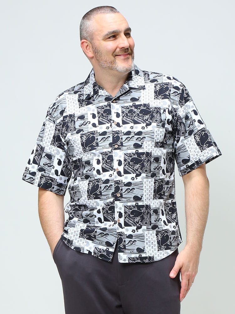 大きいサイズ メンズ B＆T CLUB (ビーアンドティークラブ) クジラ パッチワーク風 オープンカラー 半袖 シャツ