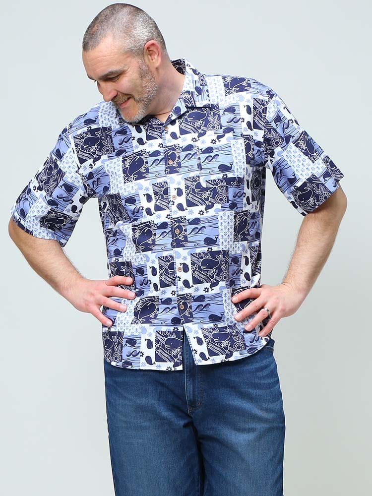 大きいサイズ メンズ B＆T CLUB (ビーアンドティークラブ) クジラ パッチワーク風 オープンカラー 半袖 シャツ