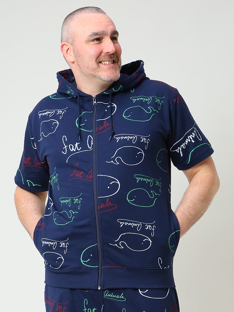 大きいサイズ メンズ B＆T CLUB (ビーアンドティークラブ) FAT ANIMALS BIGクジラ 裏毛 フルジップ 半袖 パーカー