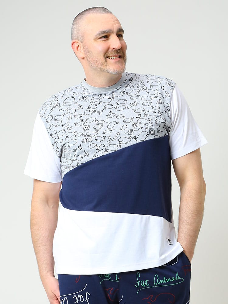 在庫処分 返品交換不可 大きいサイズ メンズ B＆T CLUB (ビーアンドティークラブ) FAT ANIMALS クジラ切り替え クルーネック 半袖 Tシャツ