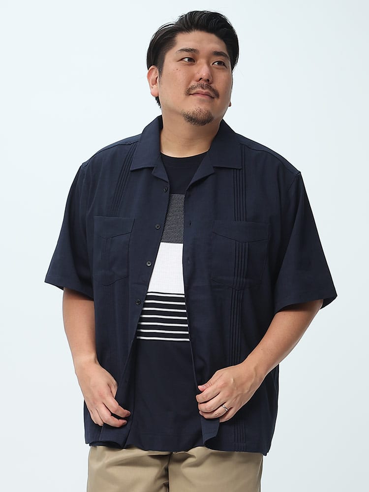大きいサイズ メンズ B＆T CLUB (ビーアンドティークラブ) タックライン オープンカラー 半袖 キューバ シャツ