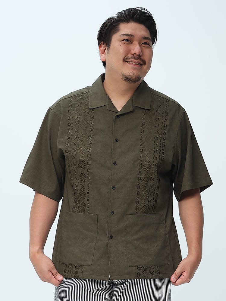 大きいサイズ メンズ B＆T CLUB (ビーアンドティークラブ) 刺繍ライン オープンカラー 半袖 キューバ シャツ