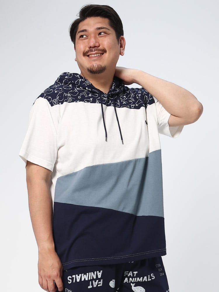 大きいサイズ メンズ B＆T CLUB (ビーアンドティークラブ) FATANIMALS クジラ 切り替え 半袖 Tパーカー