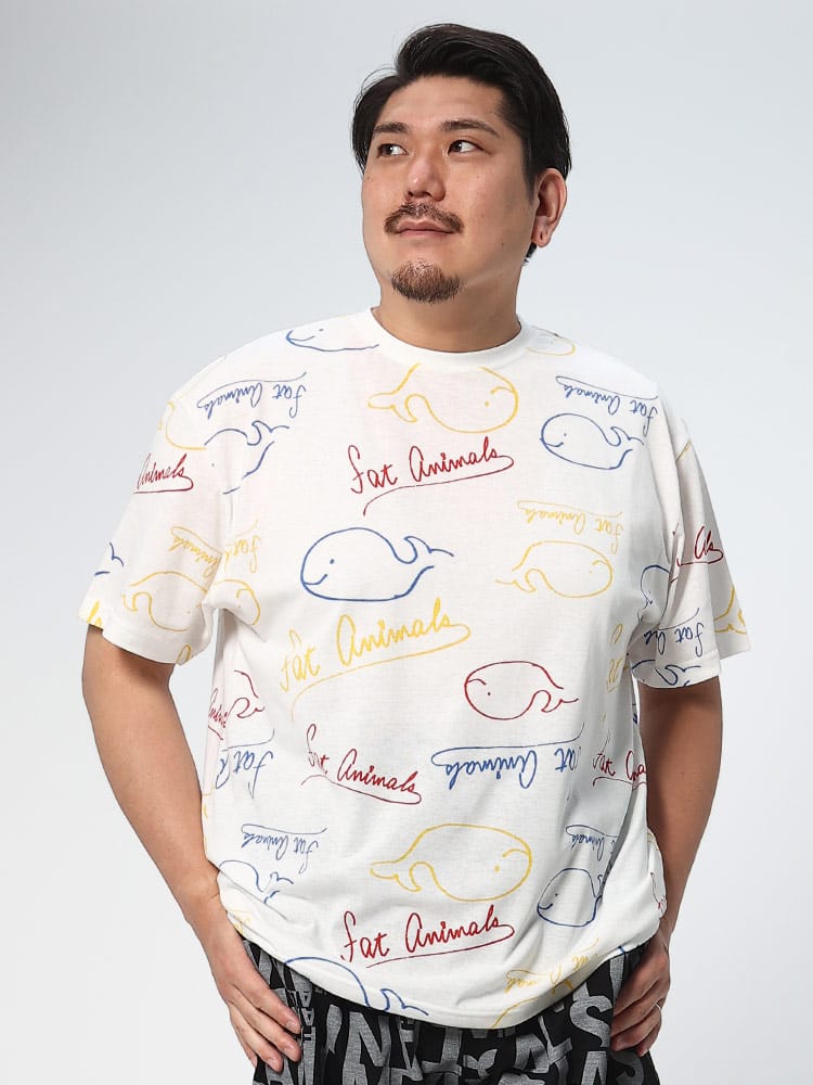 大きいサイズ メンズ B＆T CLUB (ビーアンドティークラブ) FATANIMALS BIGクジラ総柄 クルーネック 半袖 Tシャツ