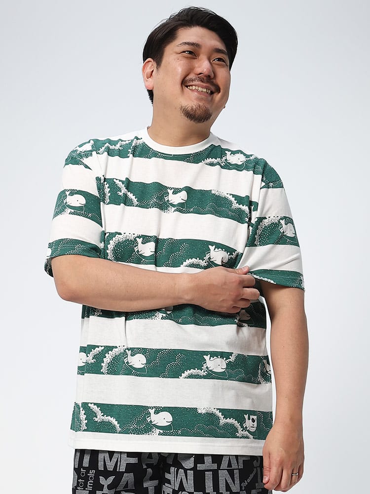 大きいサイズ メンズ B＆T CLUB (ビーアンドティークラブ) FATANIMALS クジラボーダー クルーネック 半袖 Tシャツ