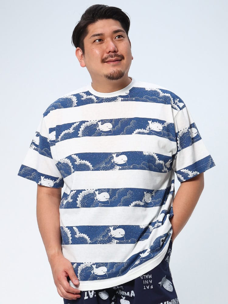大きいサイズ メンズ B＆T CLUB (ビーアンドティークラブ) FATANIMALS クジラボーダー クルーネック 半袖 Tシャツ