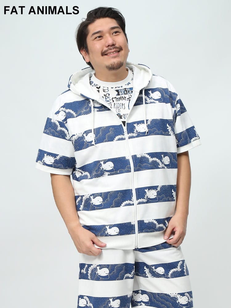 在庫処分 返品交換不可 FAT ANIMALS クジラストライプ フルジップ ポケット付き 半袖 パーカー (B＆T CLUB) ビーアンドティークラブ 大きいサイズ メンズ 