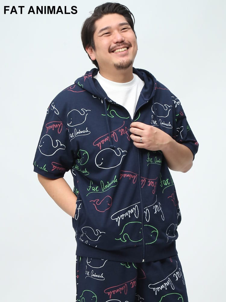 FAT ANIMALS クジラ総柄 フルジップ ポケット付き 半袖 パーカー (B＆T CLUB) ビーアンドティークラブ 大きいサイズ メンズ 