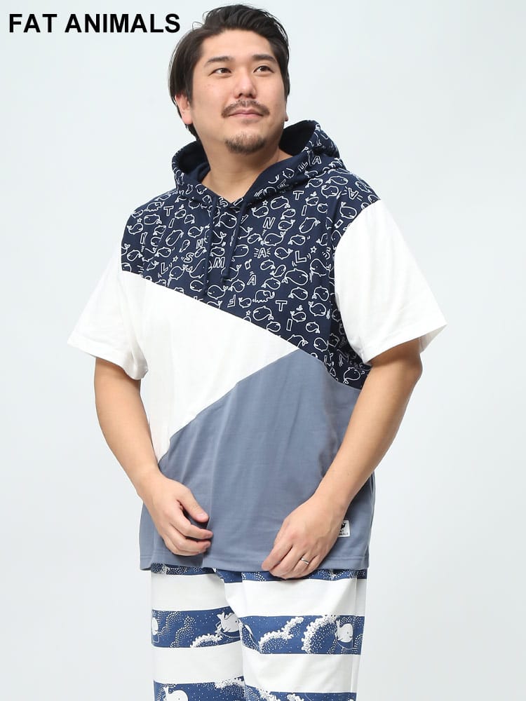 在庫処分 返品交換不可 FAT ANIMALS クジラ切替デザイン 半袖 パーカー (B＆T CLUB) ビーアンドティークラブ 大きいサイズ メンズ 