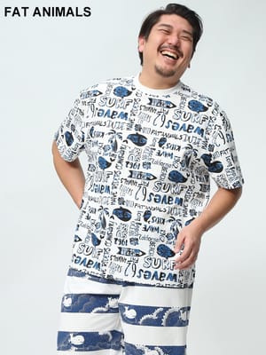 在庫処分 返品交換不可 FAT ANIMALS クジラ総柄プリント クルーネック 半袖 Ｔシャツ B＆T CLUB ビーアンドティークラブ 大きいサイズ メンズ