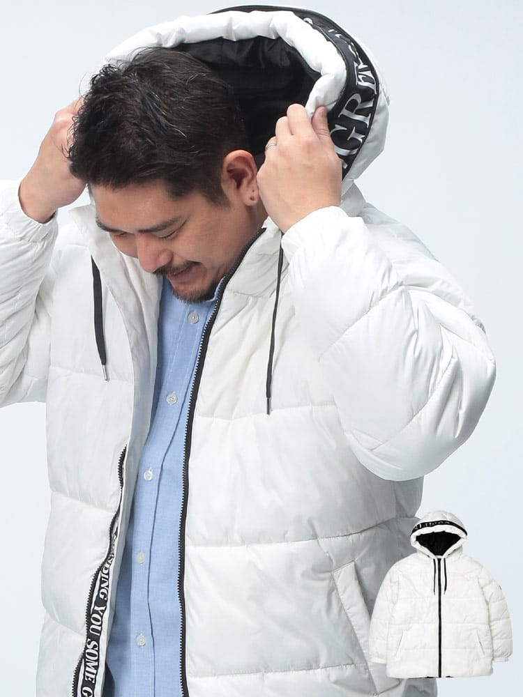 在庫処分 返品交換不可 中綿ブルゾン フードロゴ テープデザイン フルジップ アウター ジャケット 秋冬 大きいサイズ メンズ