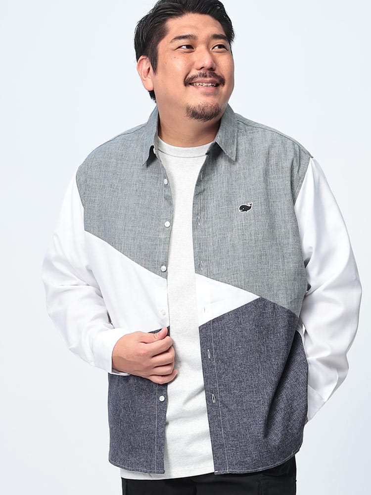 長袖 シャツ FAT ANIMALS クジラ 切り替え トップス シャツ レギュラーカラー カジュアル 大きいサイズ メンズ