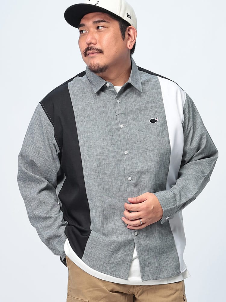 長袖 シャツ FAT ANIMALS クジラ 切り替え トップス シャツ レギュラーカラー カジュアル 大きいサイズ メンズ