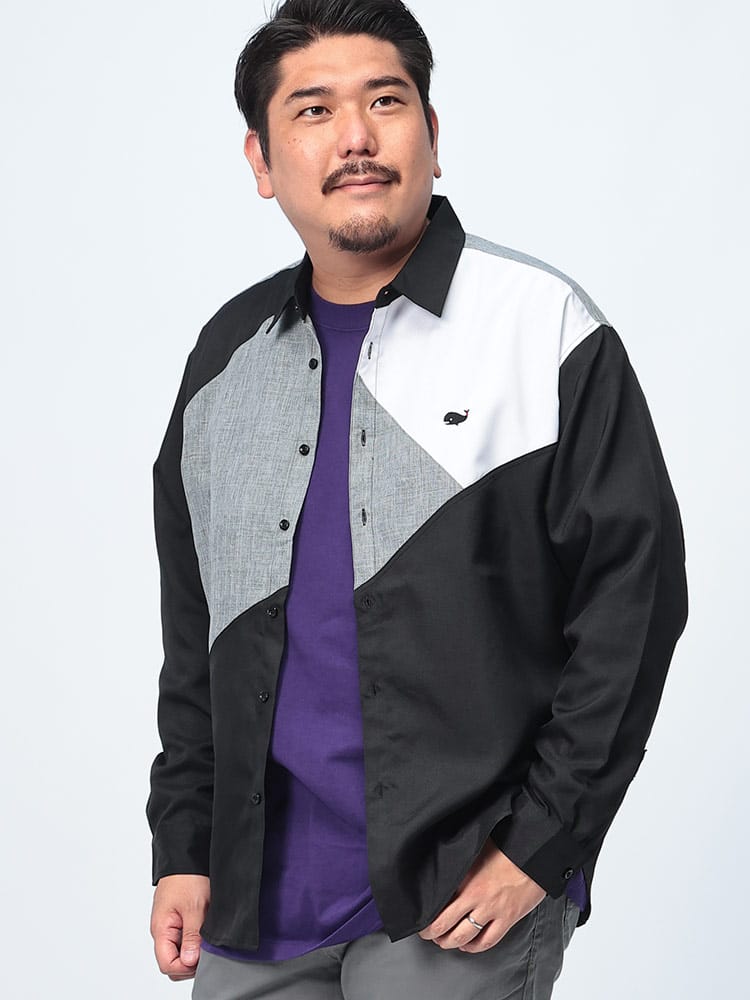 長袖 シャツ FAT ANIMALS クジラ 切り替え トップス シャツ レギュラーカラー カジュアル 大きいサイズ メンズ