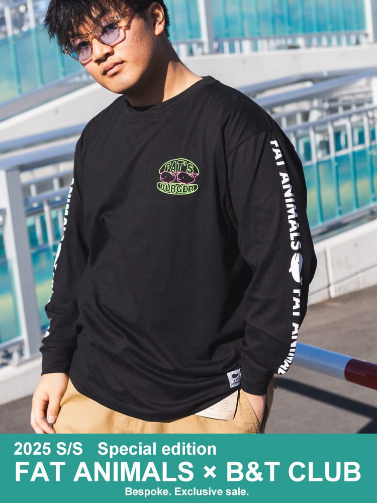 長袖 Tシャツ 袖ライン クジラ×バーガープリント クルーネック トップス ロンT プリント 大きいサイズ メンズ