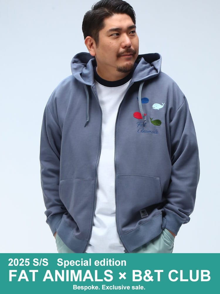 ジップパーカー TCダンボール フードロゴプリント×4クジラ刺繍 トップス 長袖 フード スウェット 大きいサイズ メンズ