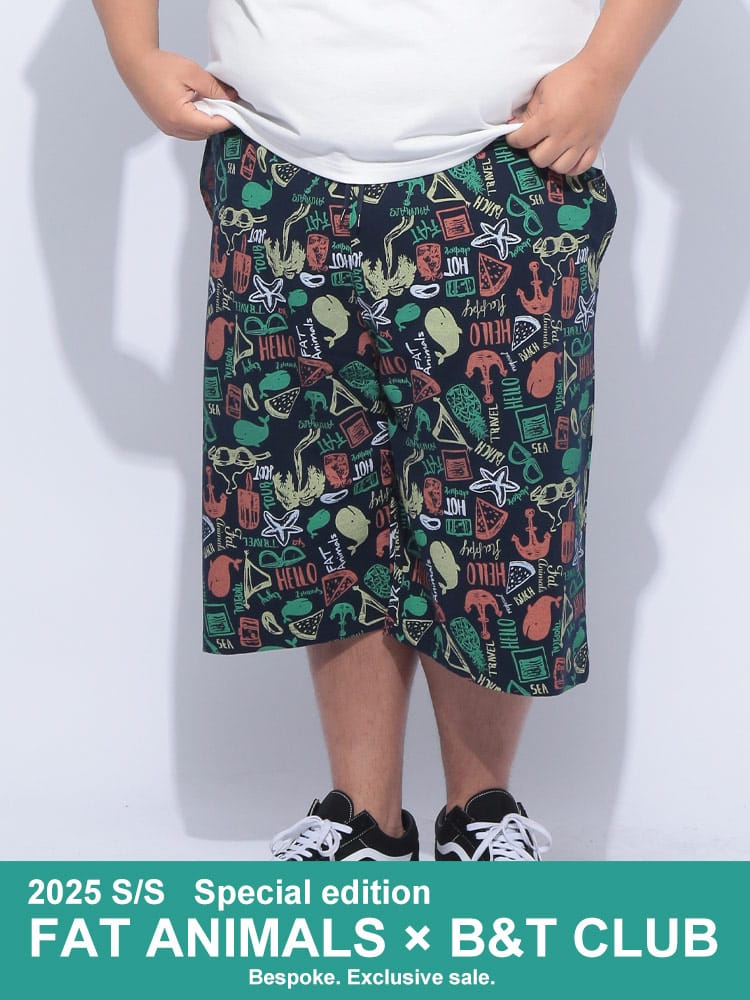 ショートパンツ FAT ANIMALS クジラ×ロゴ総柄 ボトムス ショーツ 半ズボン プリント 春 夏 大きいサイズ メンズ