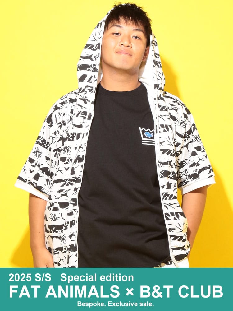 フルジップ 半袖 パーカー FAT ANIMALS クジラ総柄 ボーダー トップス フード プリント 春 夏 大きいサイズ メンズ