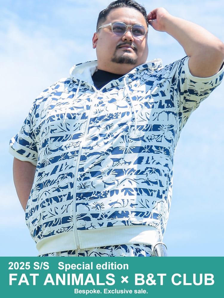 フルジップ 半袖 パーカー FAT ANIMALS クジラ総柄 ボーダー トップス フード プリント 春 夏 大きいサイズ メンズ