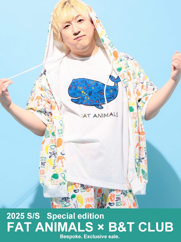 【WEB限定価格】フルジップ 半袖 パーカー FAT ANIMALS クジラ×ロゴ総柄  トップス フード プリント 春 夏 大きいサイズ メンズ