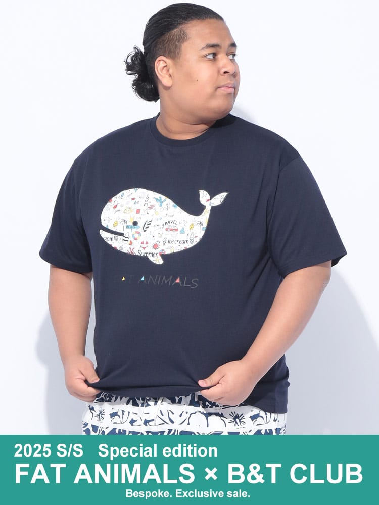 半袖 Tシャツ FAT ANIMALS 接触冷感 総柄クジラマーク クルーネック トップス プリント 涼しい 春 夏 大きいサイズ メンズ