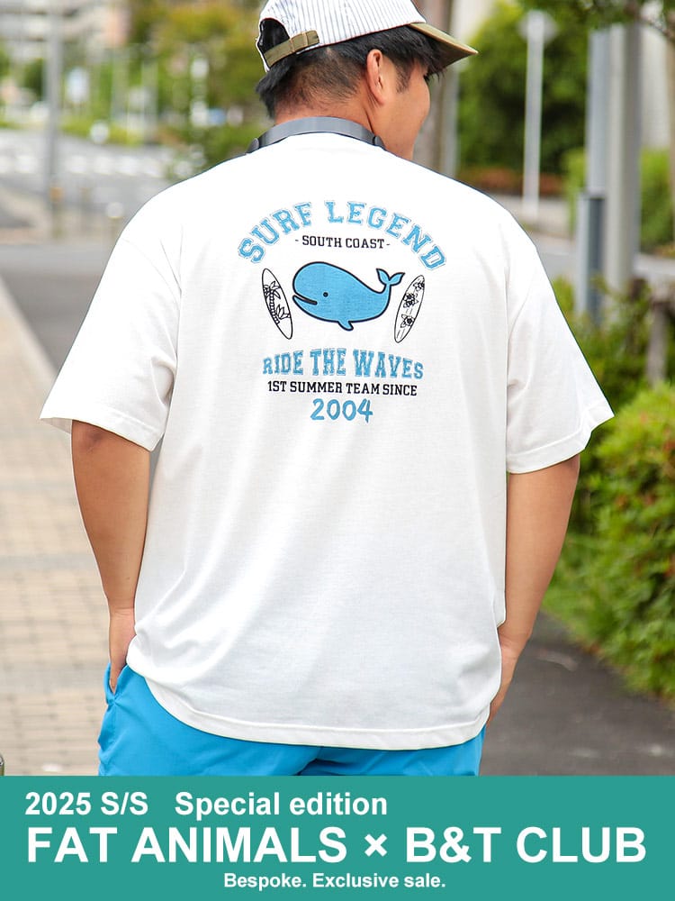 半袖 Tシャツ FAT ANIMALS 接触冷感 クジラ×サーフボード クルーネック トップス プリント 涼しい 春 夏 大きいサイズ メンズ