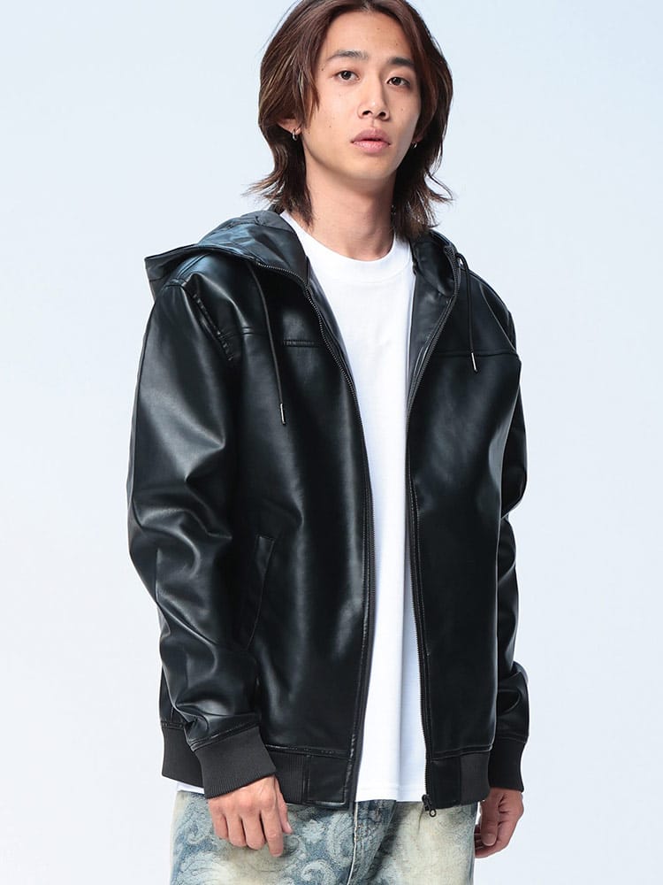 S＆SONS (エスアンドサンズ) 無地 合成皮革 フルジップ ジャケット ライダース 革ジャン 皮ジャン 秋 冬
