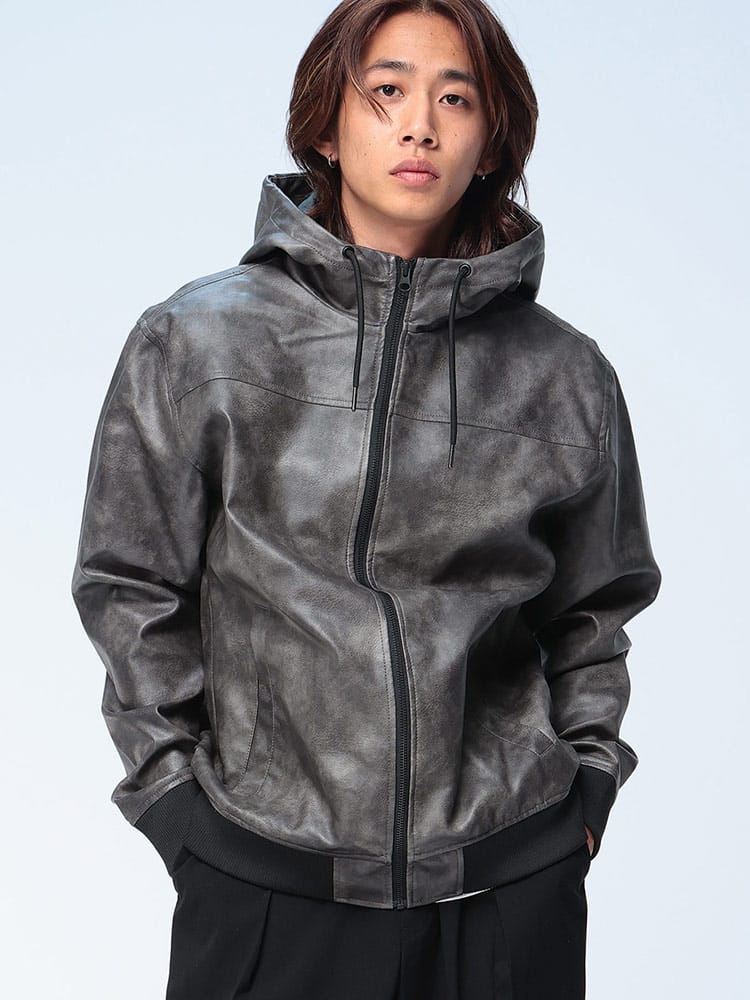 S＆SONS (エスアンドサンズ) ムラ 合成皮革 フルジップ ジャケット ライダース 革ジャン 皮ジャン 秋 冬
