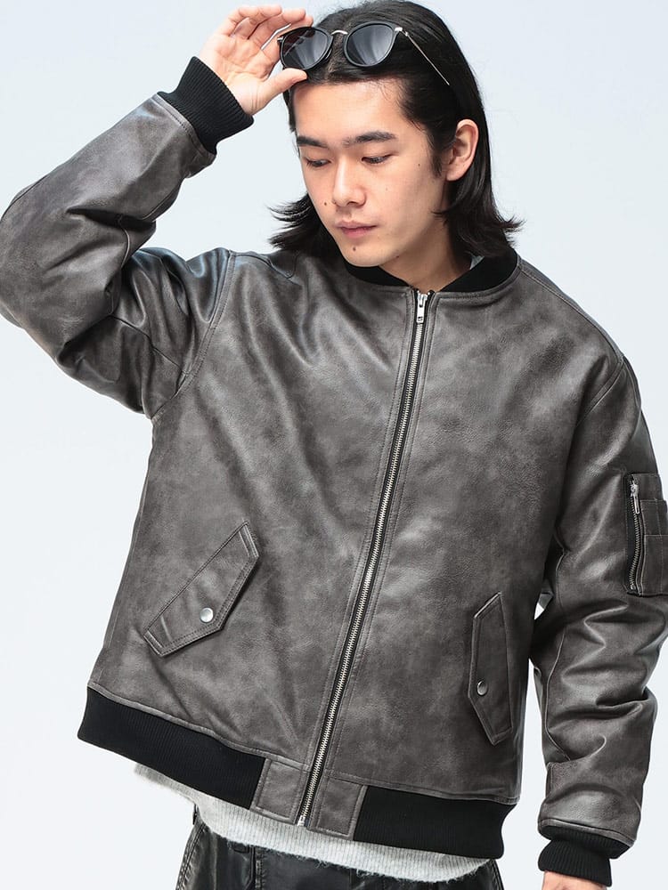 S＆SONS (エスアンドサンズ) ムラ 合成皮革 フルジップ 薄中綿 ジャケット MA-1 25388131 メンズ ユニセックス トップス アウター ジャケット ブルゾン ジップ ライダース