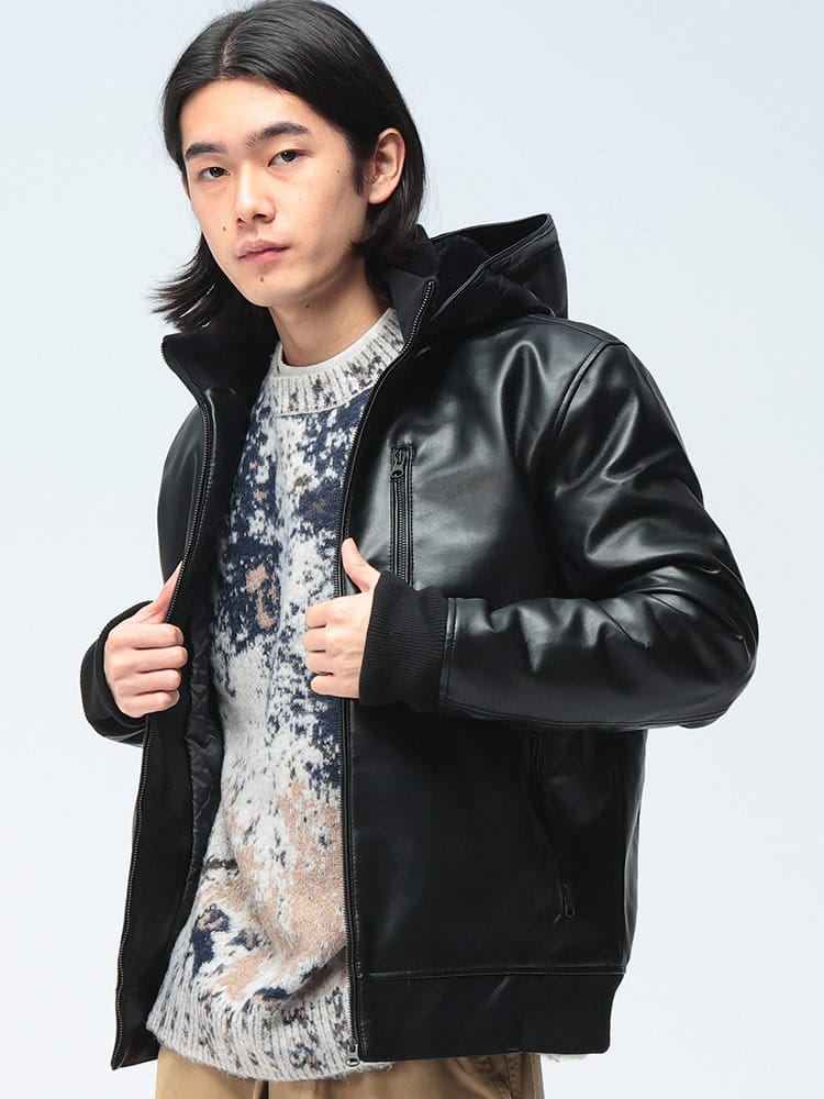 S＆SONS (エスアンドサンズ) 合成皮革 無地 フード着脱 フルジップ 薄中綿 ジャケット 2538812 メンズ ユニセックス トップス アウター ジャケット ブルゾン フード ライダース