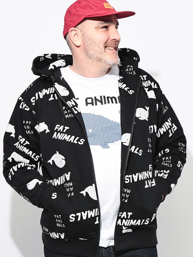 パーカー 長袖 メンズ 大きいサイズ FAT ANIMALS クジラプリント フルジップ トップス 総柄 フード ジップパーカー