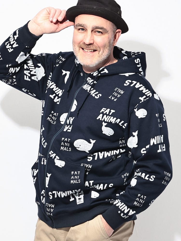 パーカー 長袖 メンズ 大きいサイズ FAT ANIMALS クジラプリント フルジップ トップス 総柄 フード ジップパーカー