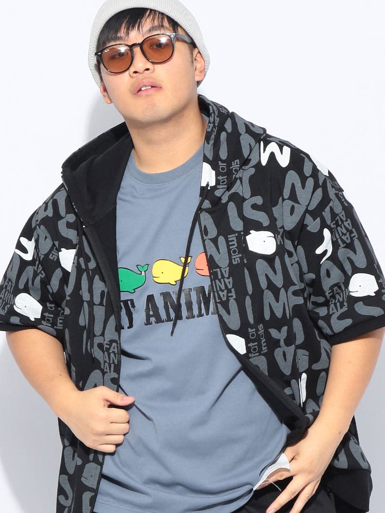 【WEB限定価格】パーカー 半袖 メンズ 大きいサイズ FAT ANIMALS クジラ総柄 フルジップ トップス フード プリント 春 夏