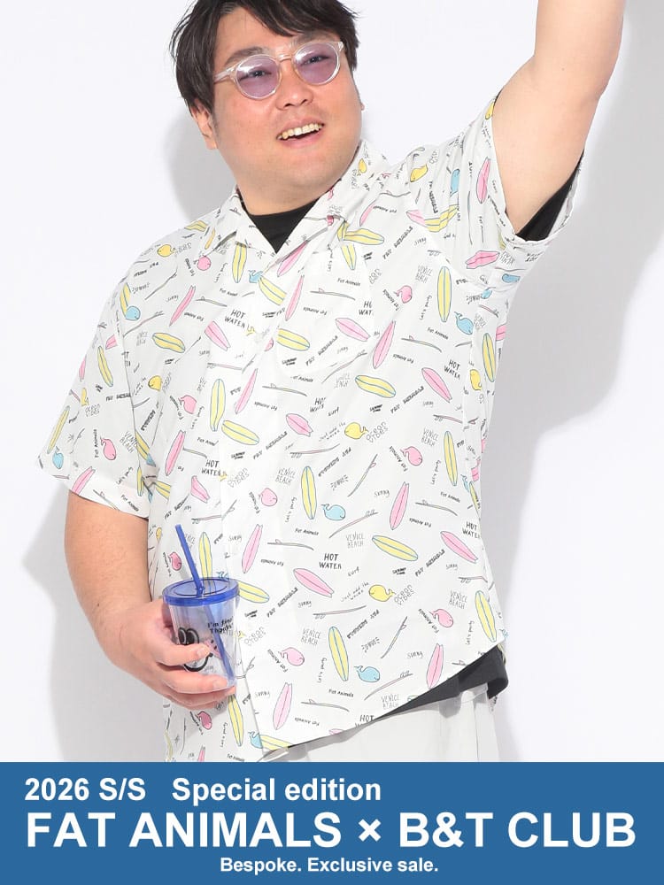 シャツ 半袖 メンズ 大きいサイズ FAT ANIMALS サーフ＆クジラ 開襟シャツ トップス オープンカラー プリント 総柄 春 夏