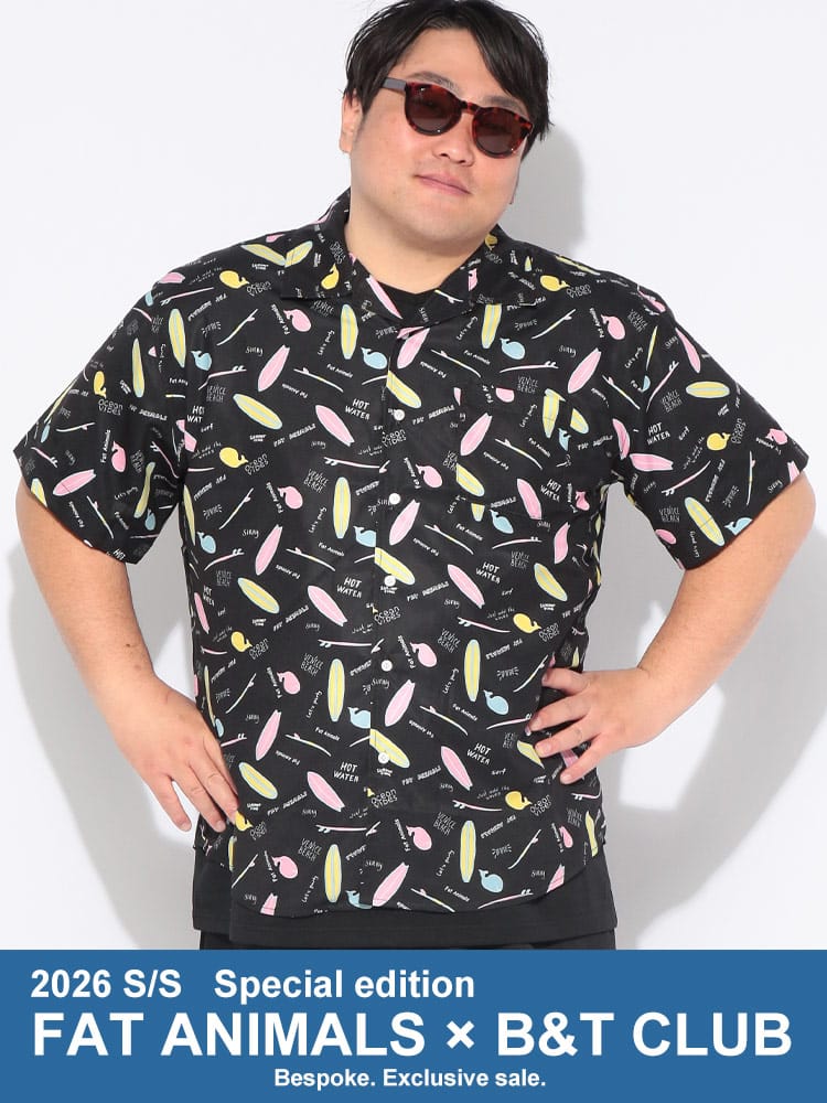 シャツ 半袖 メンズ 大きいサイズ FAT ANIMALS サーフ＆クジラ 開襟シャツ トップス オープンカラー プリント 総柄 春 夏