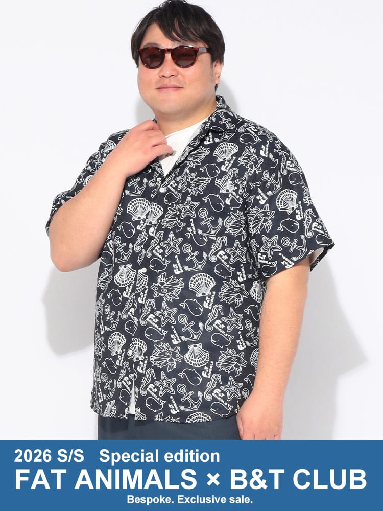 シャツ 半袖 メンズ 大きいサイズ FAT ANIMALS マリン＆クジラ レギュラー トップス プリント 総柄 カジュアル 春 夏