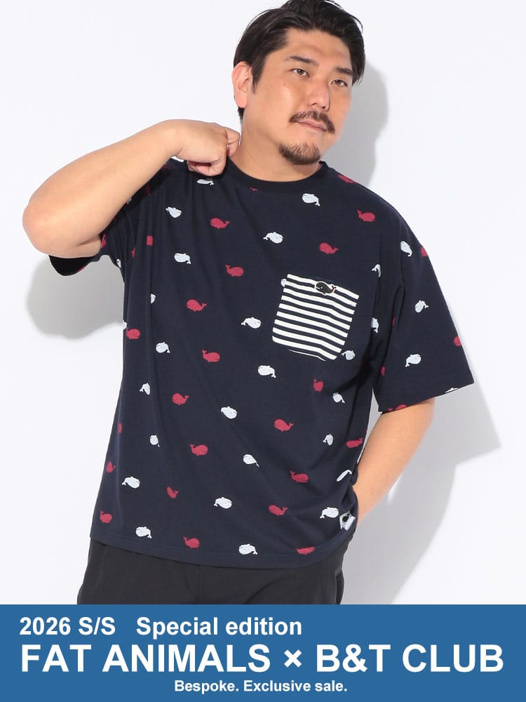 Tシャツ 半袖 メンズ 大きいサイズ FAT ANIMALS 接触冷感 クジラ ポケット クルーネック トップス カットソー ポケT プリント 春 夏