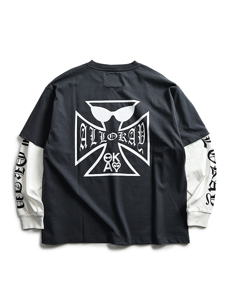 Tシャツ 長袖 メンズ 大きいサイズ クルーネック フェイクレイヤード