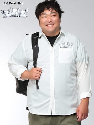 シャツ 長袖 メンズ 大きいサイズ PIGプリント ポケット付き シアーシャツ トップス 柄シャツ プリント とろみシャツ カジュアル 秋 冬 春