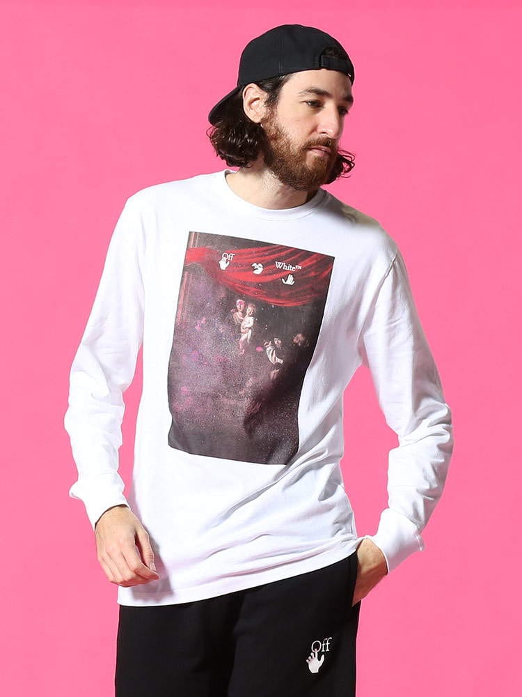 OFF-WHITE (オフホワイト) スプラッシュ プリント クルーネック 長袖 Tシャツ SPRAYED CARAVAGGIO OWAB01S21JER009
