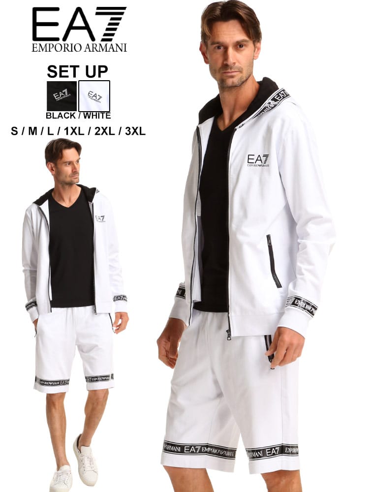 エンポリオアルマーニ EA7 メンズ セットアップ EMPORIO ARMANI ロゴ テープ プリント パーカー ショーツ スウェット ブランド 上下セット スエット EA3KPM25PJ05ZSP