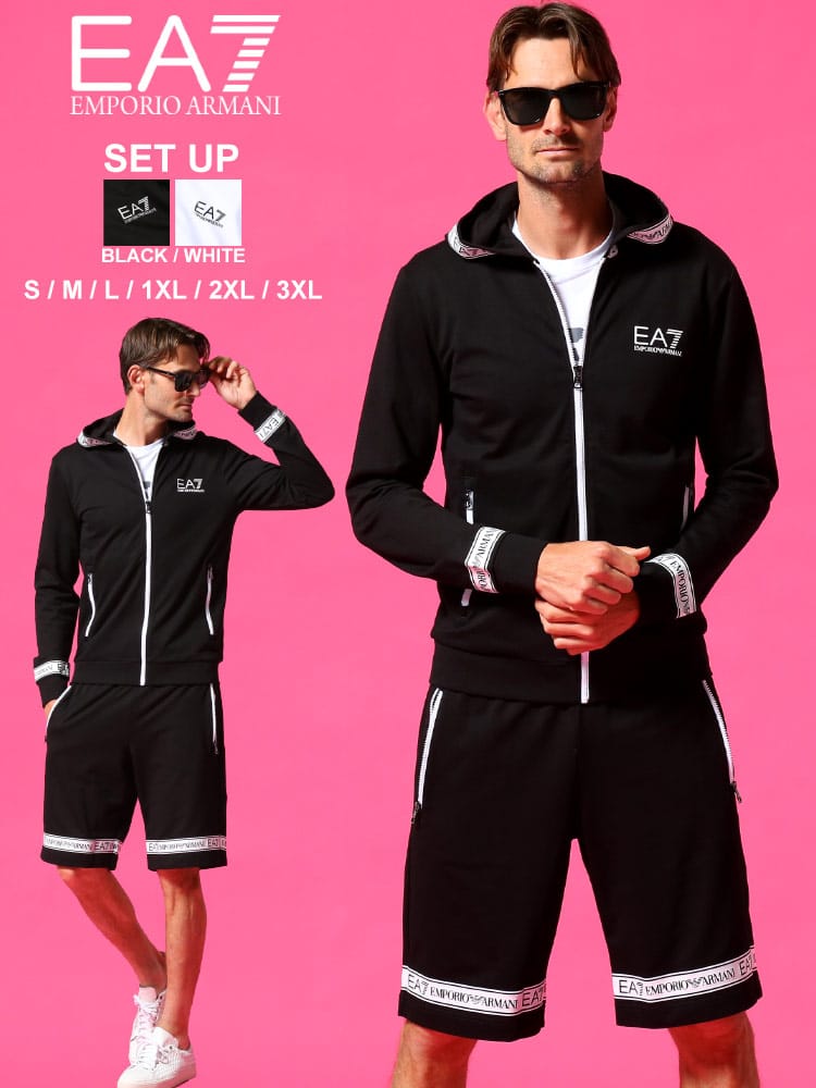 エンポリオアルマーニ EA7 メンズ セットアップ EMPORIO ARMANI ロゴ テープ プリント パーカー ショーツ スウェット ブランド 上下セット スエット EA3KPM25PJ05ZSP