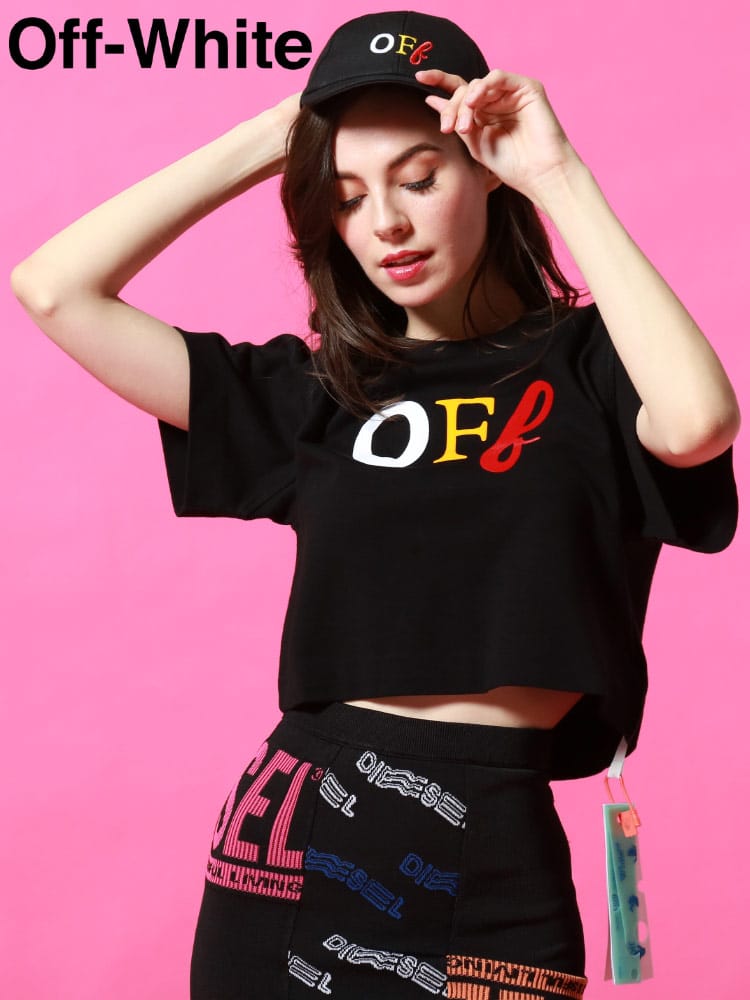 OFF-WHITE (オフホワイト) フロッキープリント クルーネック 半袖 ショート TシャツOFF TYPO MIX OWLAA090S21JER2 レディース